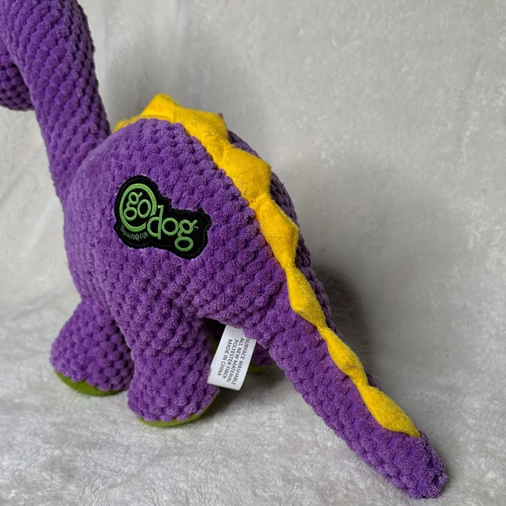 GoDog Bruto Purple Dinosaur Plush Dog Toy Silent Squeaker Chew Guard